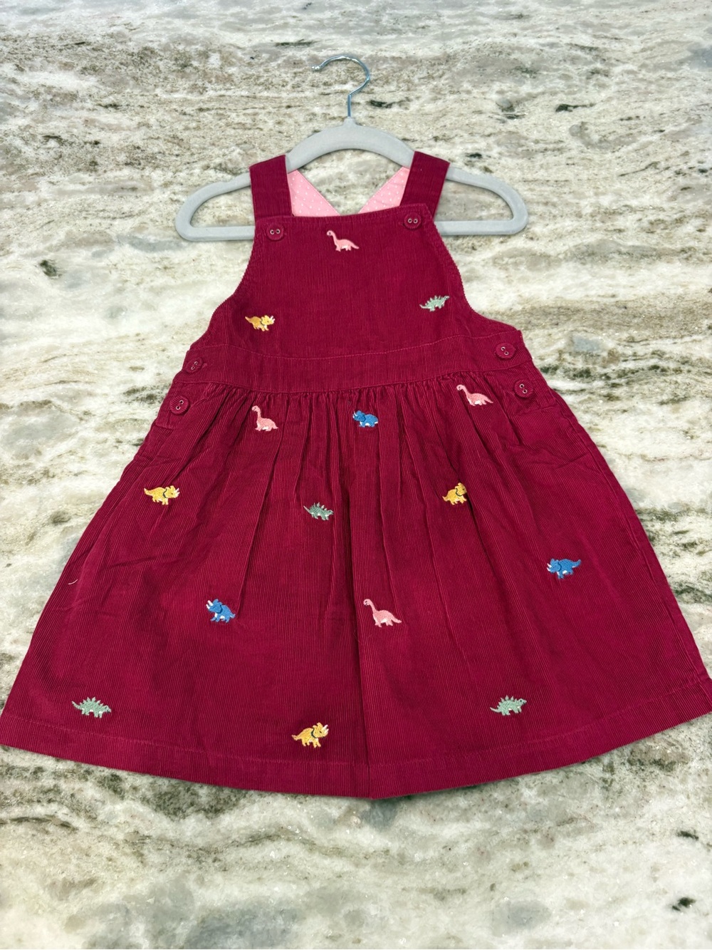JoJo Maman Bebe Burgundy Corduroy Pinafore Dress with Colorful Dino Embroidery